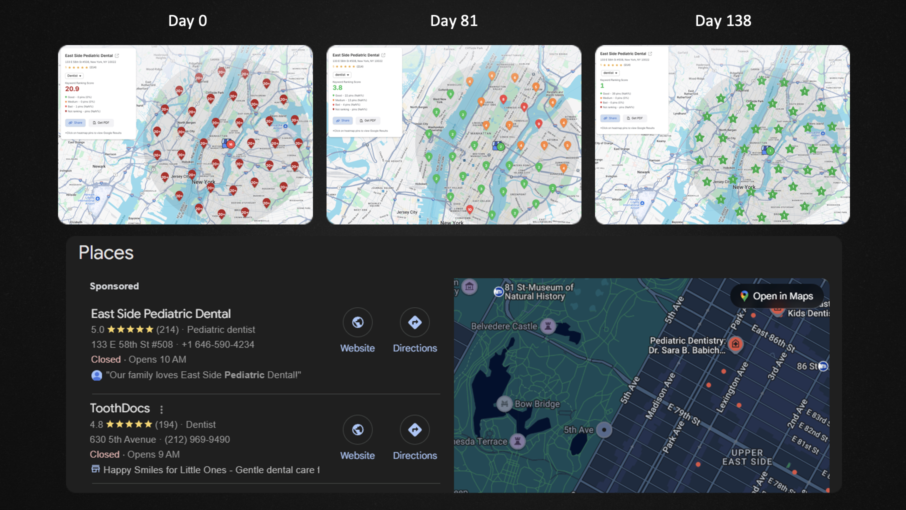 East Side Pediatric Dental SEO results - Day 0 to Day 138 showing Google Maps ranking improvement